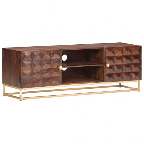TV-skab i massivt mangotræ 124×29×45 cm - brun, lavt TV-bord med 2 døre