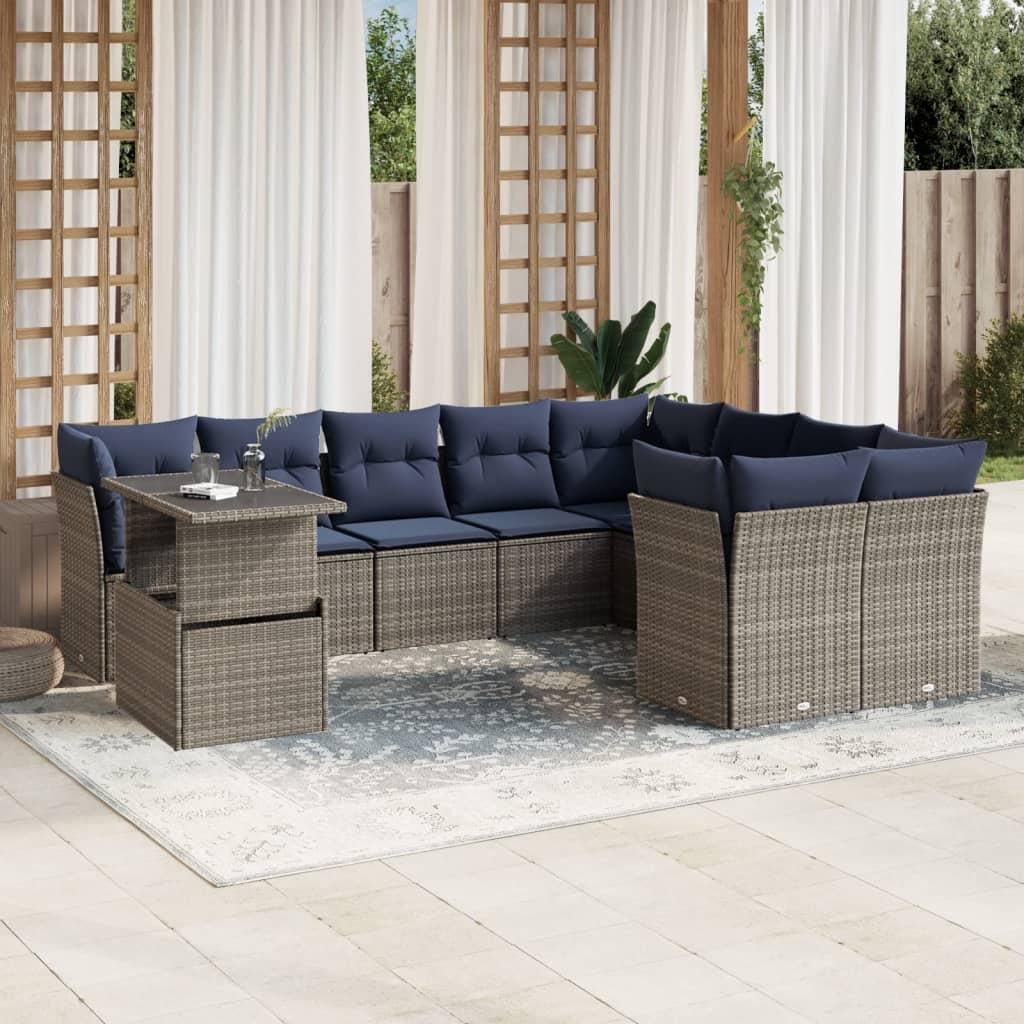 Havesofasæt i grå polyrattan - 10 dele med marineblå hynder billede
