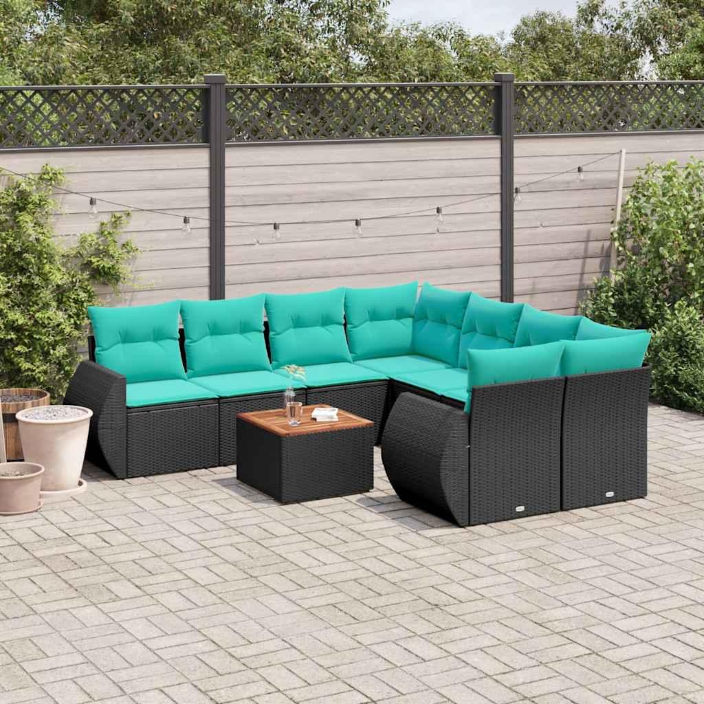 Havesofasæt med 9 dele i sort polyrattan - inkl. blå hynder billede