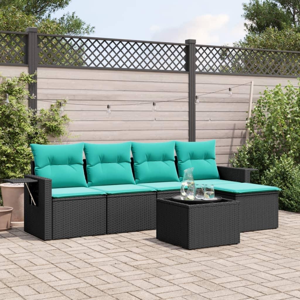 Havesofasæt med 6 hynder sort polyrattan billede