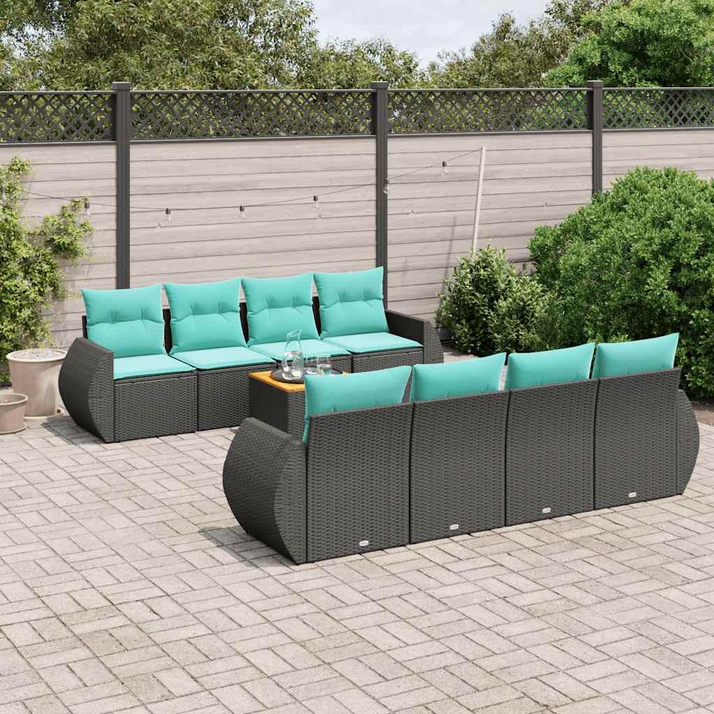 Havesofasæt med 9 dele og hynder sort polyrattan billede