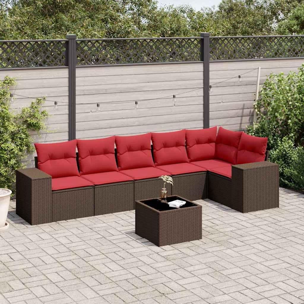 Havesofasæt med 7 hynder brun polyrattan billede