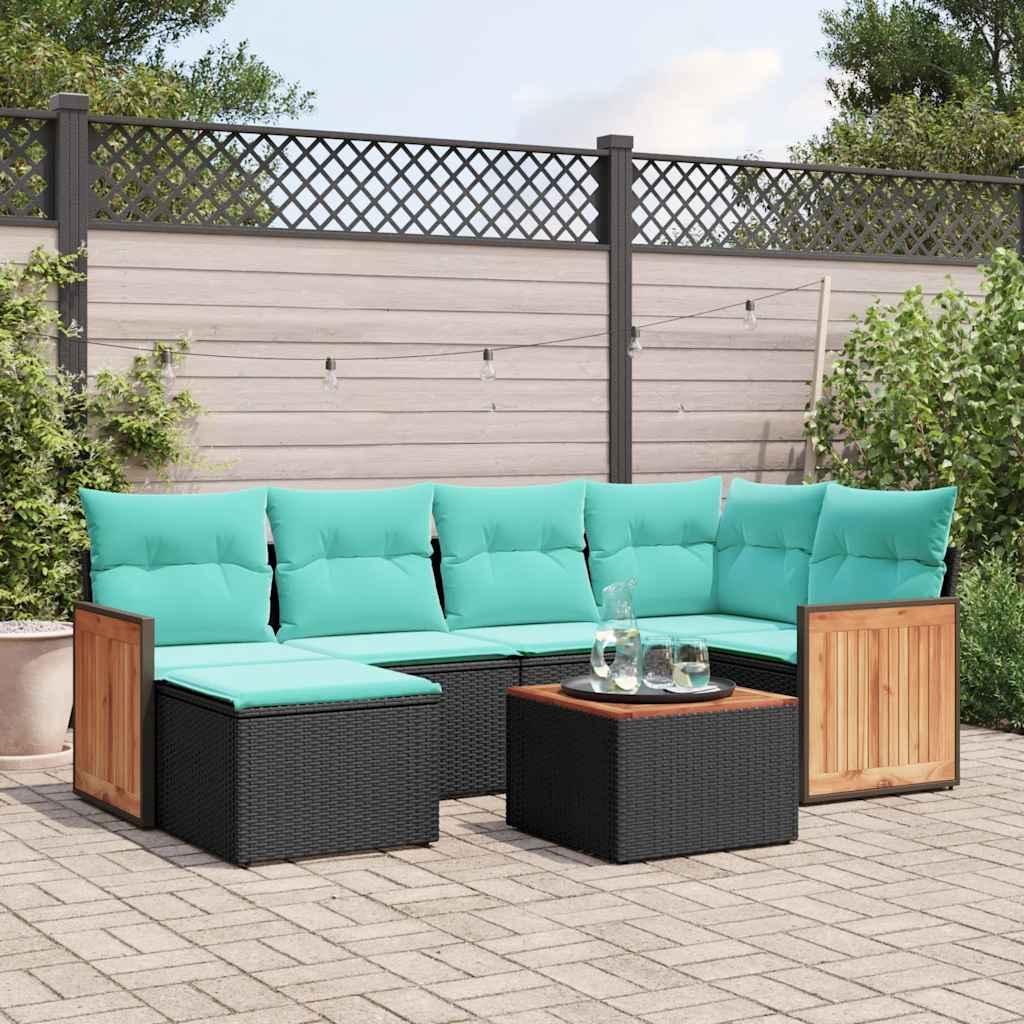 Havesofasæt med 7 hynder sort polyrattan billede