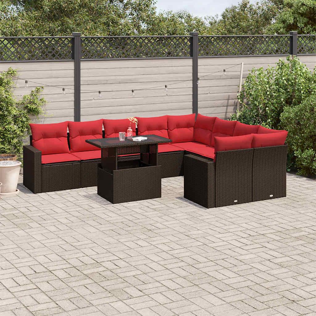 Havesofasæt med 10 hynder brun polyrattan billede