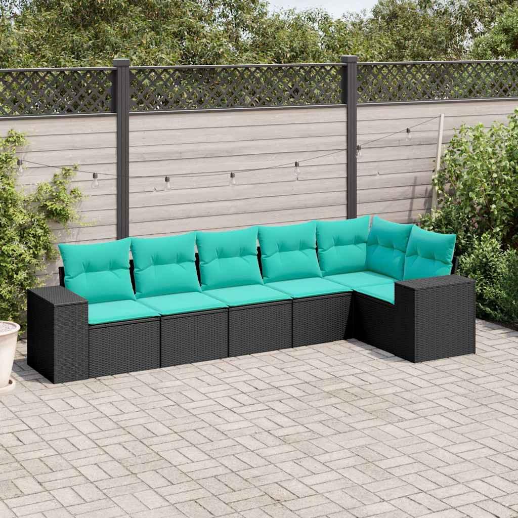 Havesofasæt i sort polyrattan med 6 blå hynder - modulært loungesæt