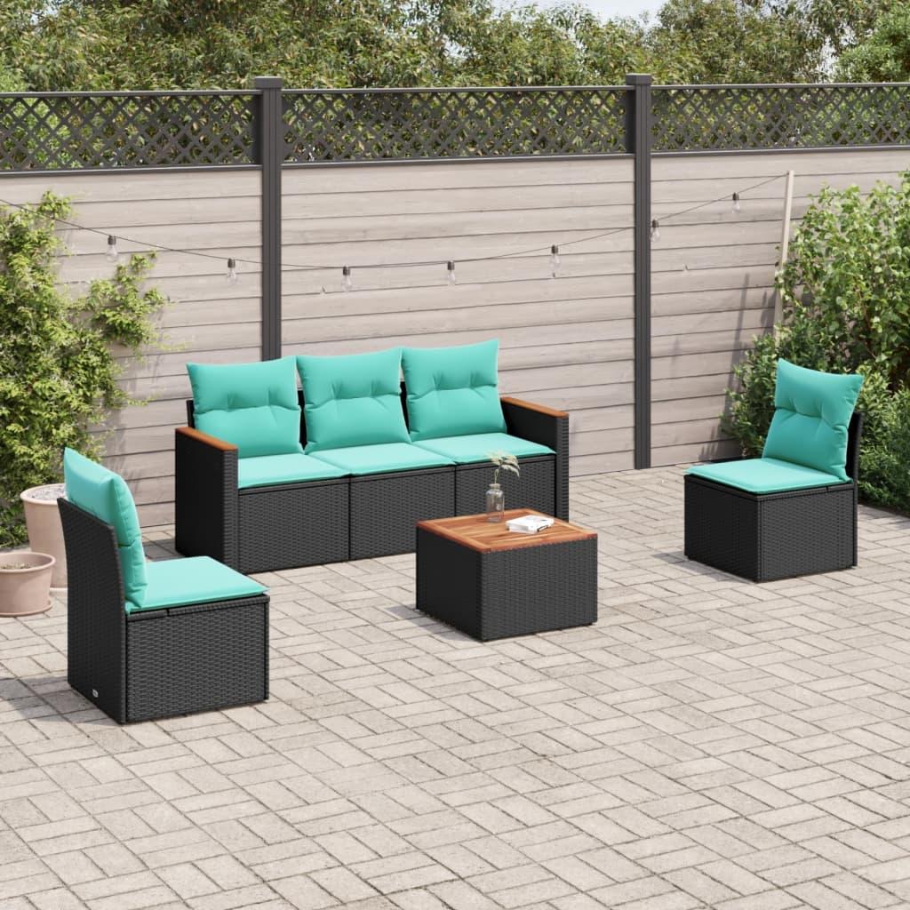 Havesofasæt i sort polyrattan med 6 blå hynder - modulært loungesæt