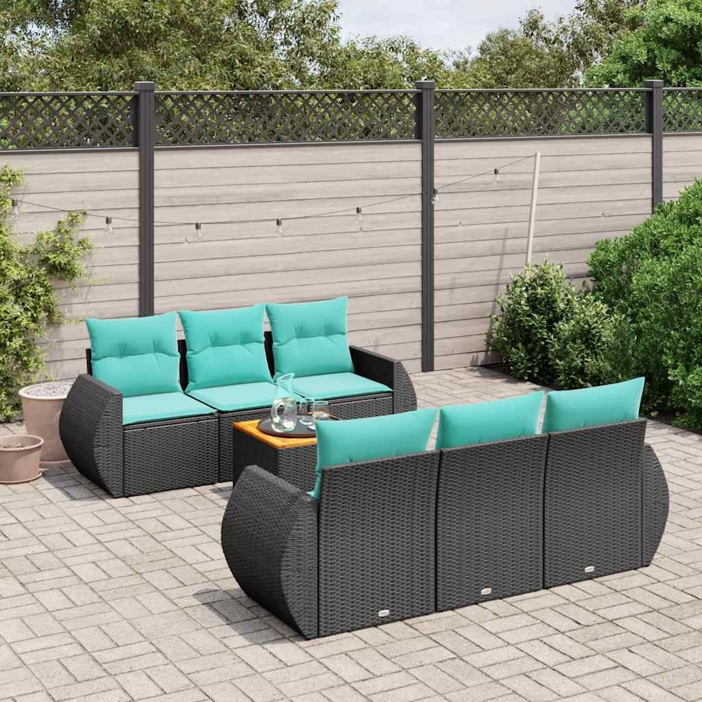 Havesofasæt med 7 hynder sort polyrattan billede