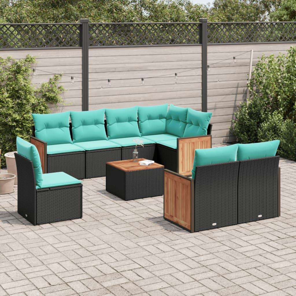 Havesofasæt med 9 dele og hynder sort polyrattan billede
