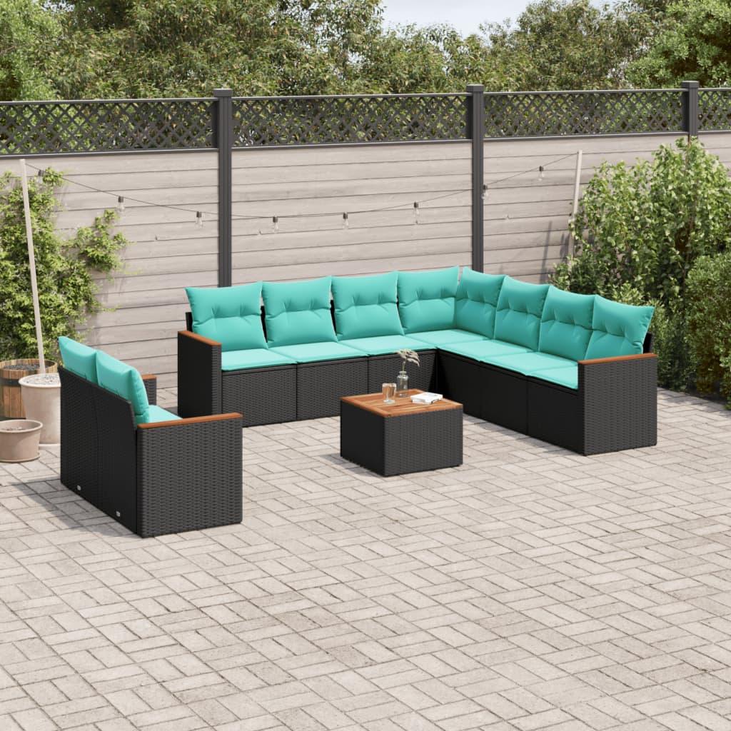 Havesofasæt med 10 hynder sort polyrattan billede