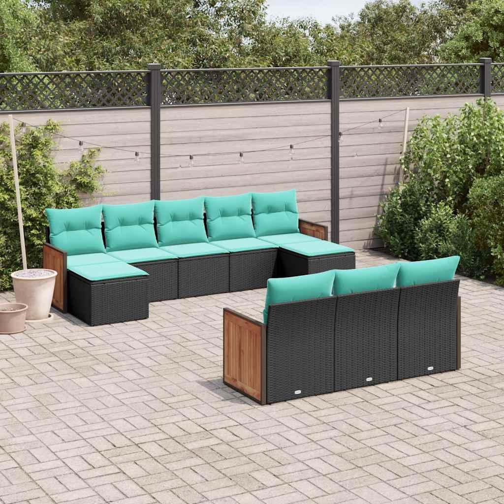 Havesofasæt med 10 hynder sort polyrattan billede