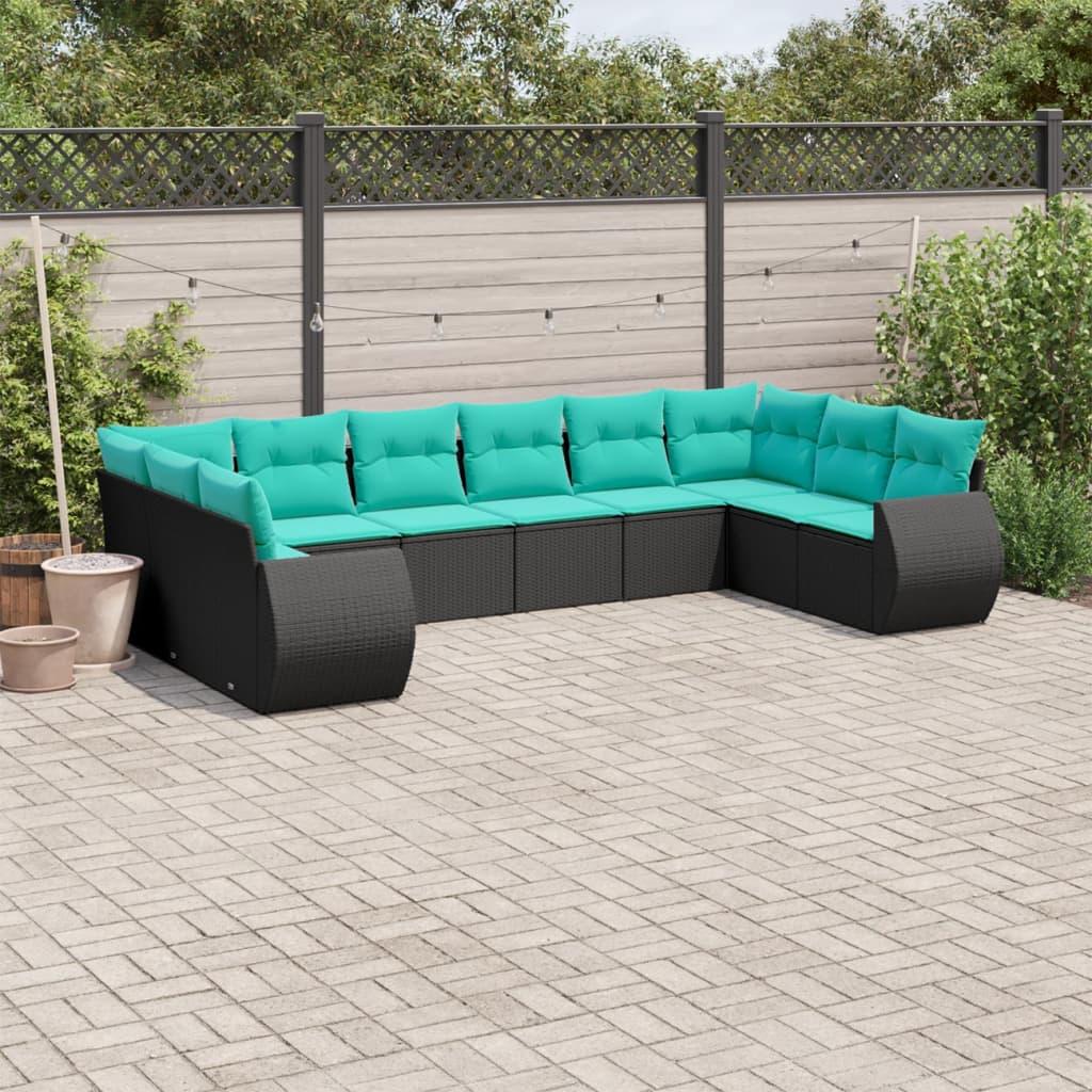 Havesofasæt i sort polyrattan med 10 blå hynder - modulært loungesæt