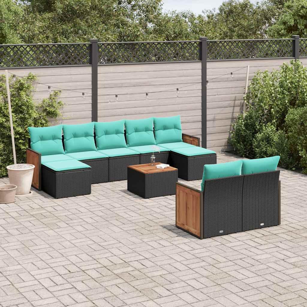 Havesofasæt med 10 hynder sort polyrattan billede