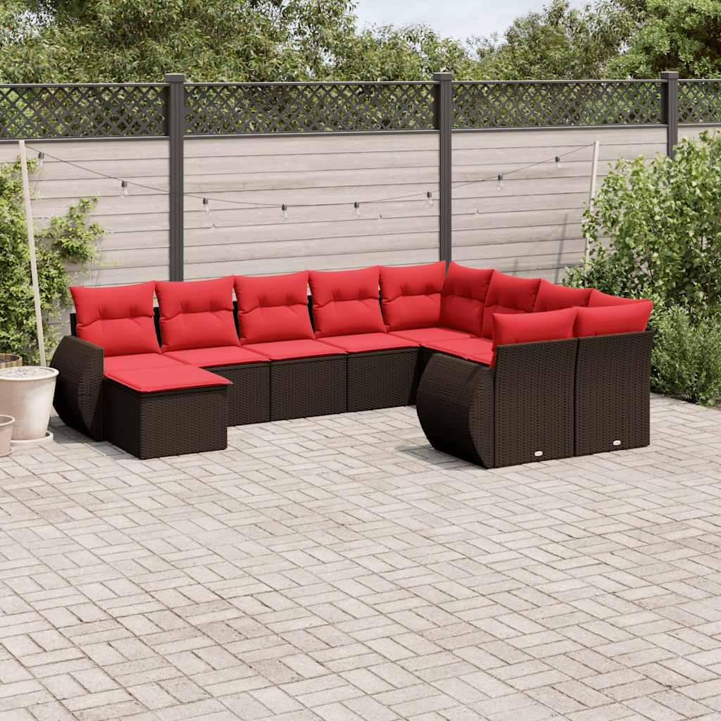 Havesofasæt med 10 hynder brun polyrattan billede