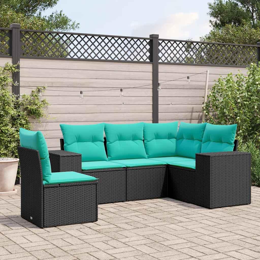 Havesofasæt med 5 dele og hynder sort polyrattan billede