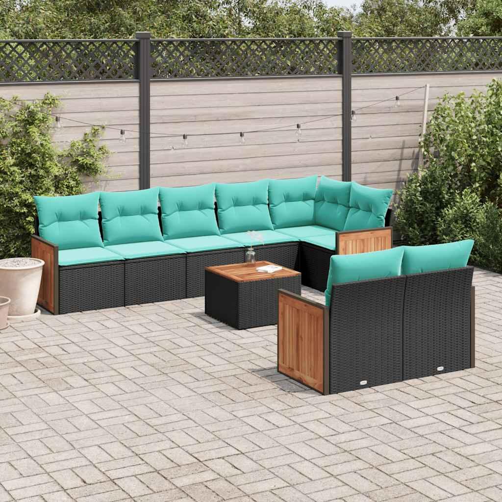Havesofasæt i 9 dele med hynder - sort polyrattan