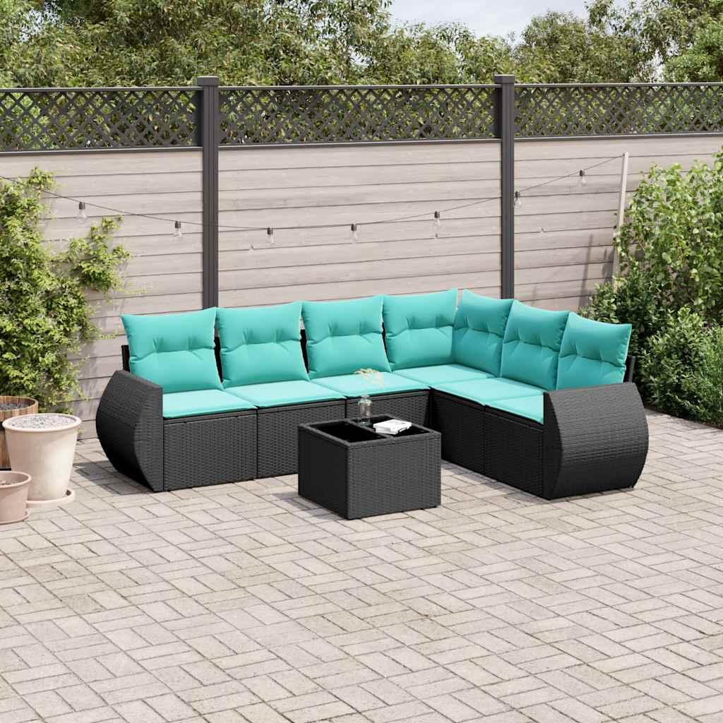 Havesofasæt med 7 hynder sort polyrattan billede