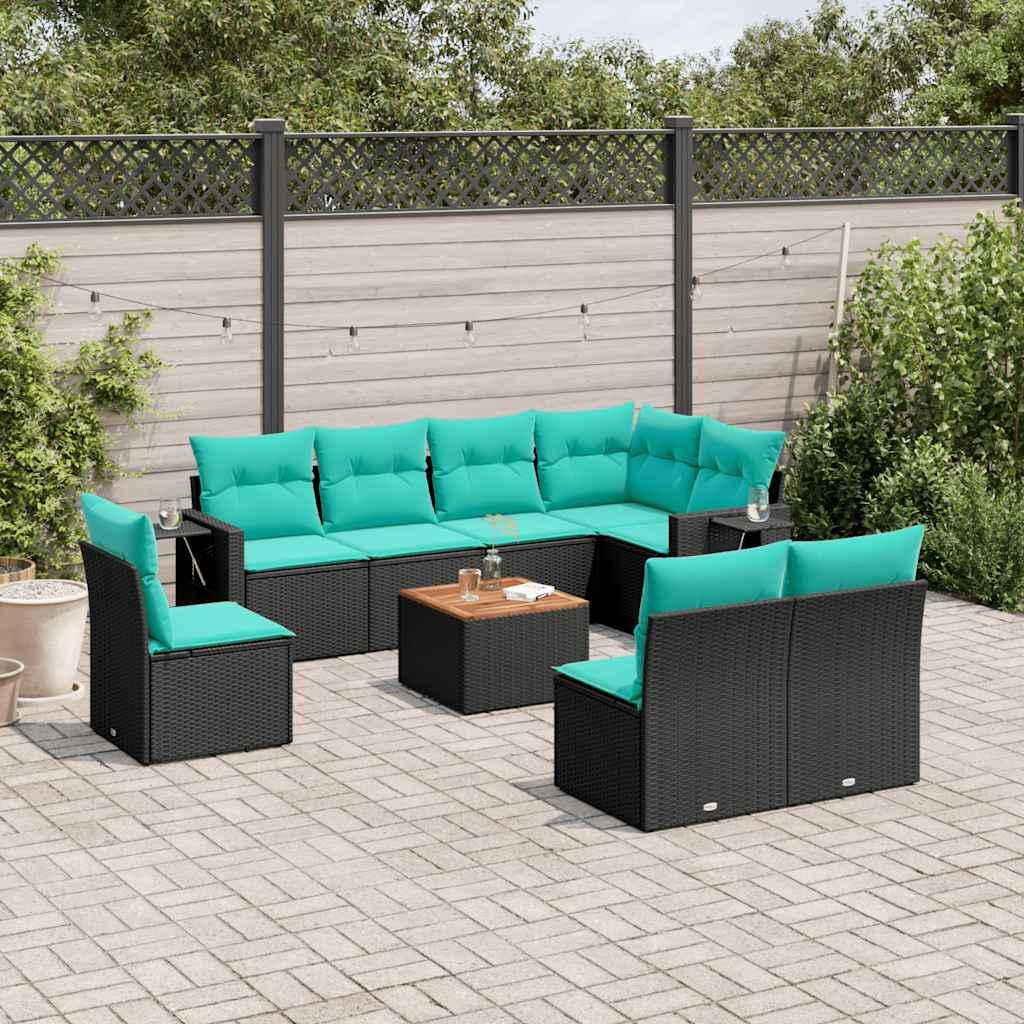 Havesofasæt med 9 dele og hynder sort polyrattan billede