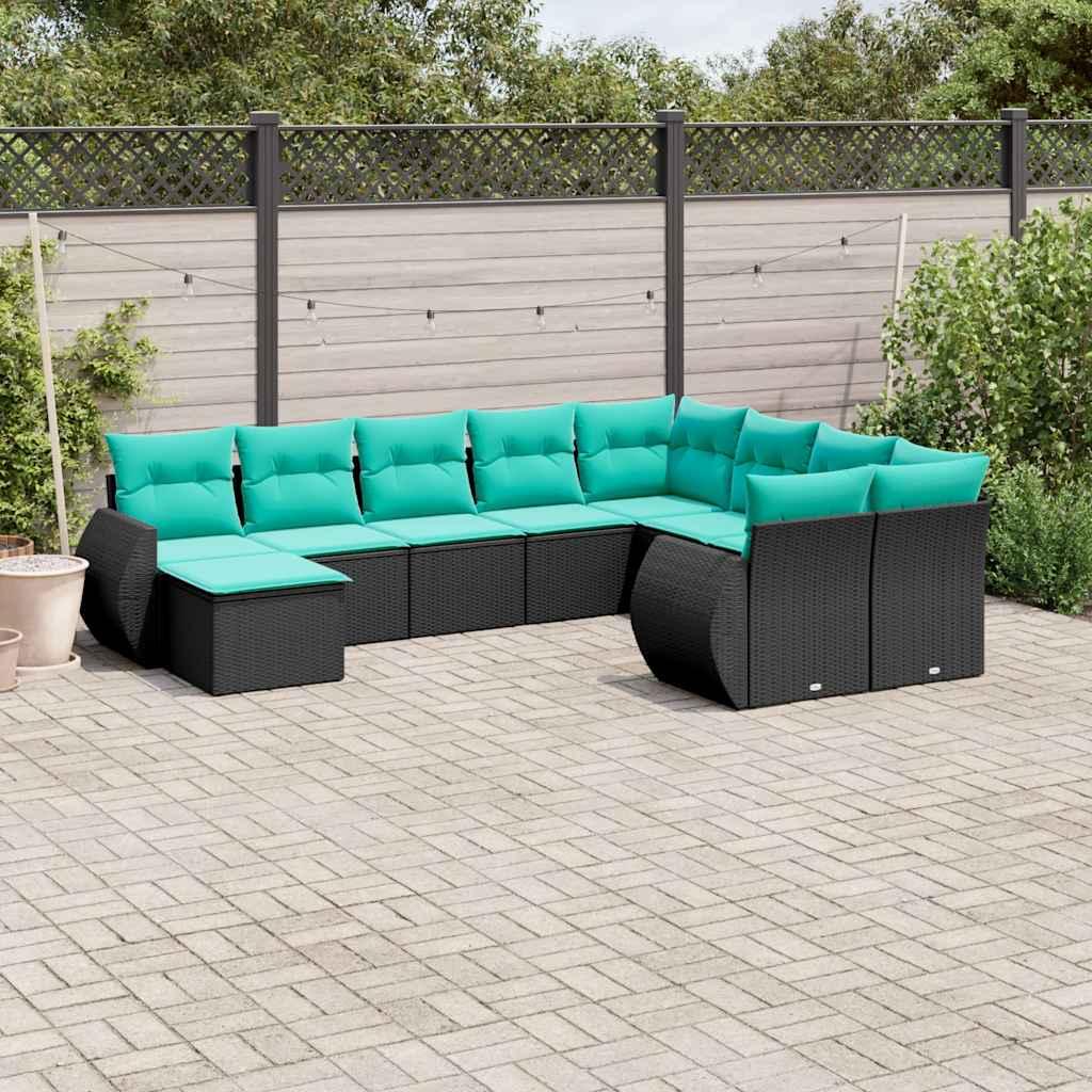 Havesofasæt i sort polyrattan med 10 blå hynder - modulært loungesæt