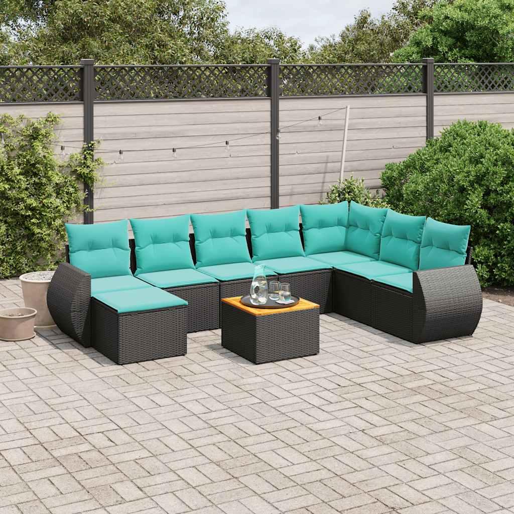 Havesofasæt med 9 dele og hynder sort polyrattan billede