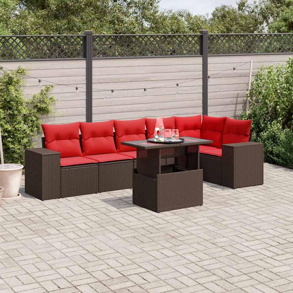 Havesofasæt med 7 hynder brun polyrattan billede