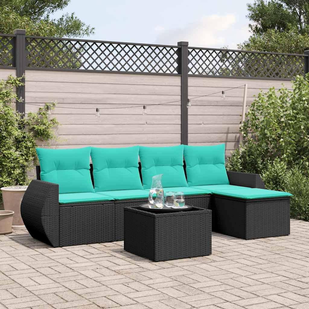 Havesofasæt med 6 hynder sort polyrattan billede
