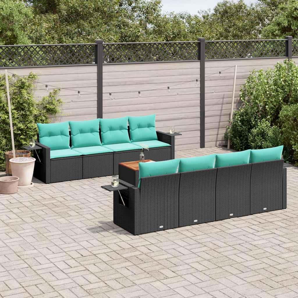Havesofasæt med 9 dele og hynder sort polyrattan billede