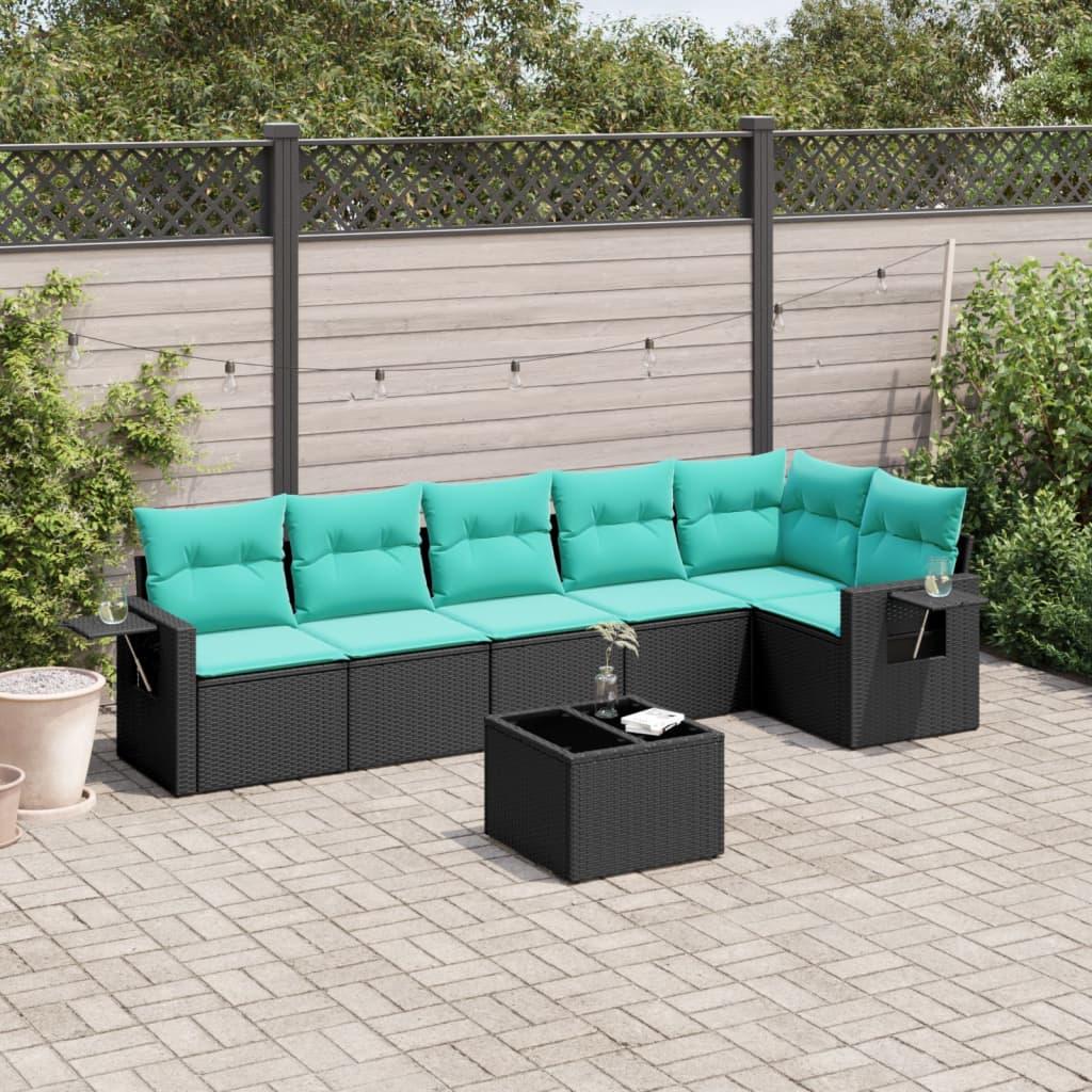 Havesofasæt med 7 hynder sort polyrattan billede