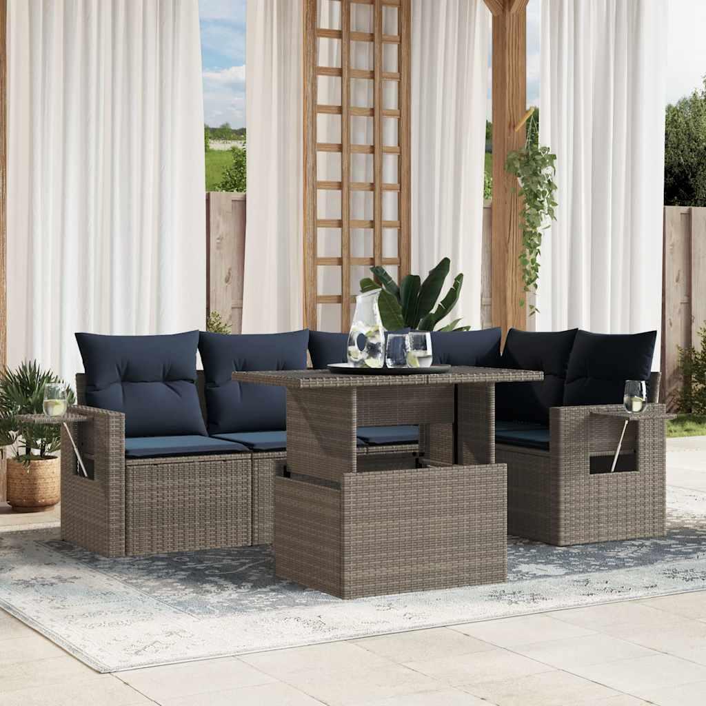 Havesofasæt med 6 dele og hynder grå polyrattan billede