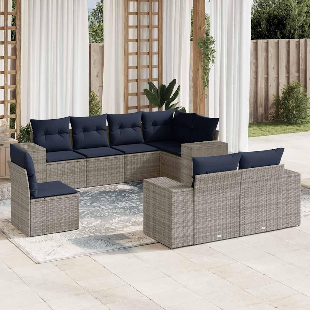 Havesofasæt i grå polyrattan med 8 marineblå hynder - modulært loungesæt