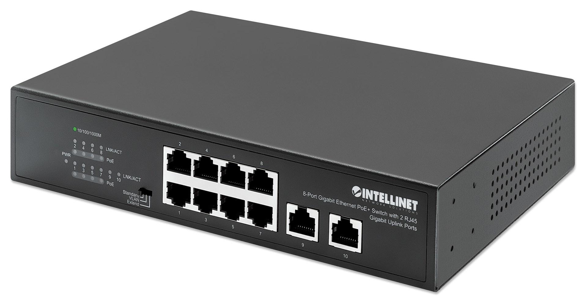 Intellinet 8-port Gigabit PoE+ switch med 2 RJ45 gigabit-uplink - desktop billede