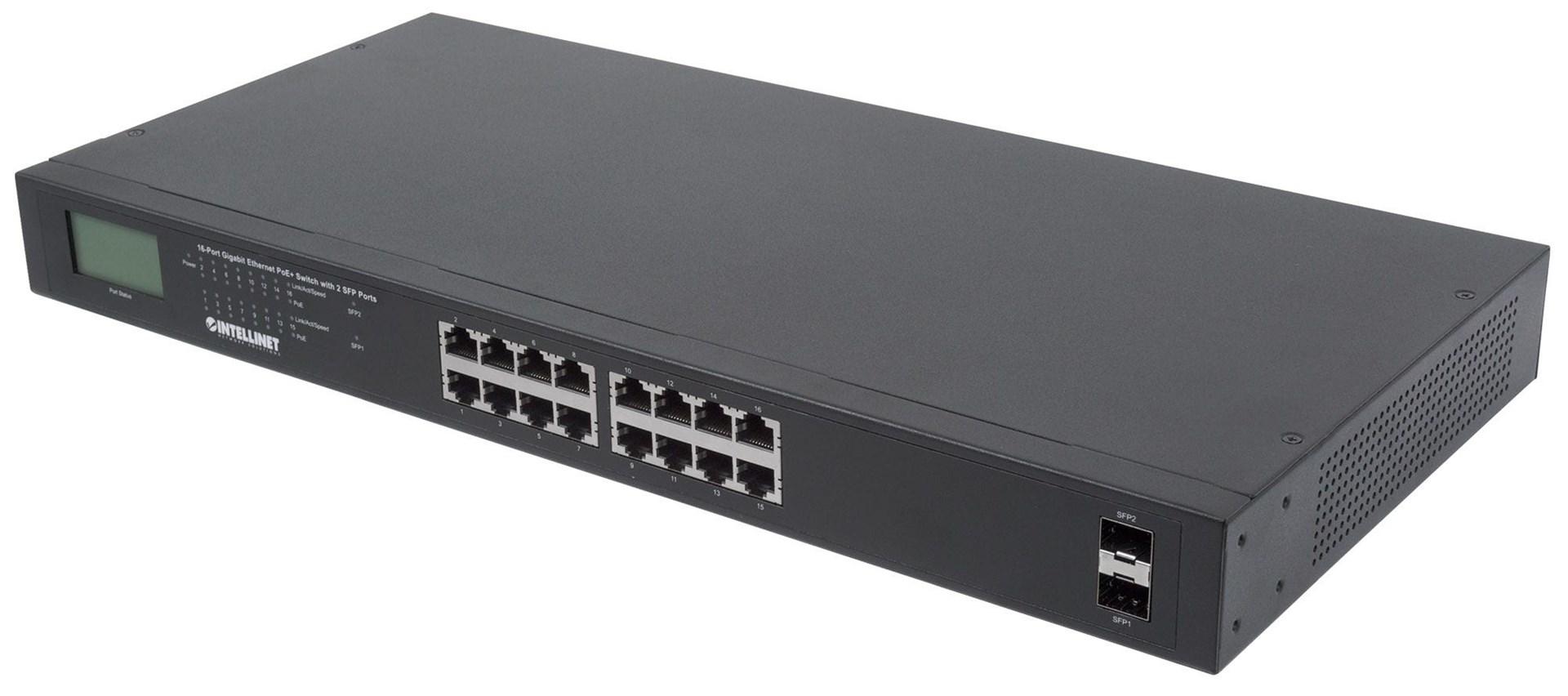 Intellinet 16âport Gigabit PoE+ switch med 2 SFP, LCD og 19" rackmontage - 370 W billede