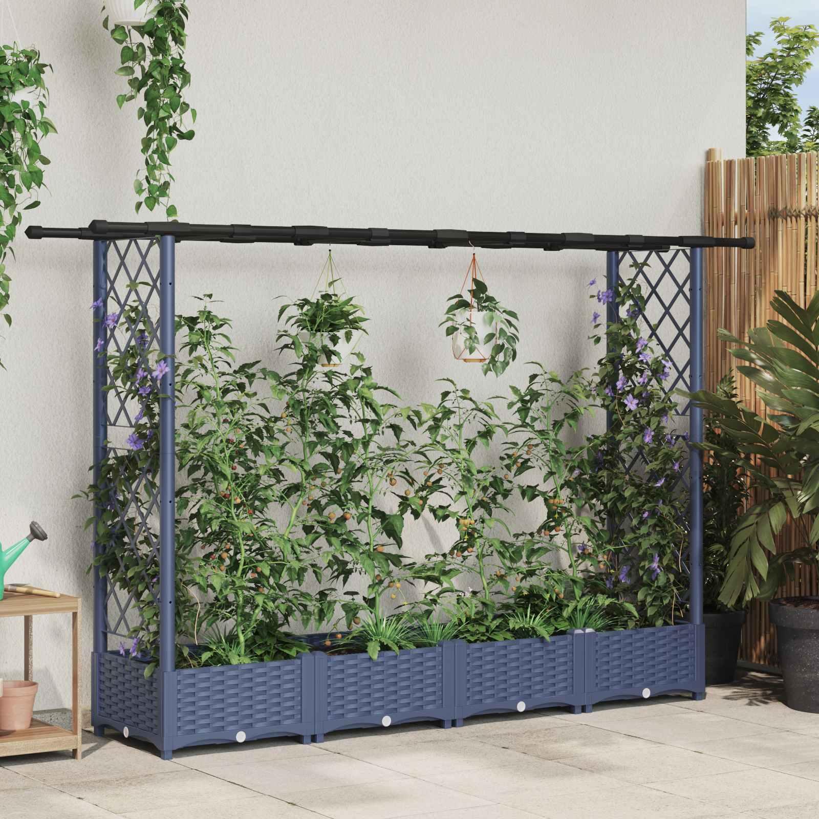 Hævet bed med trellis og tag - grå PP 203 × 40 × 121 cm billede