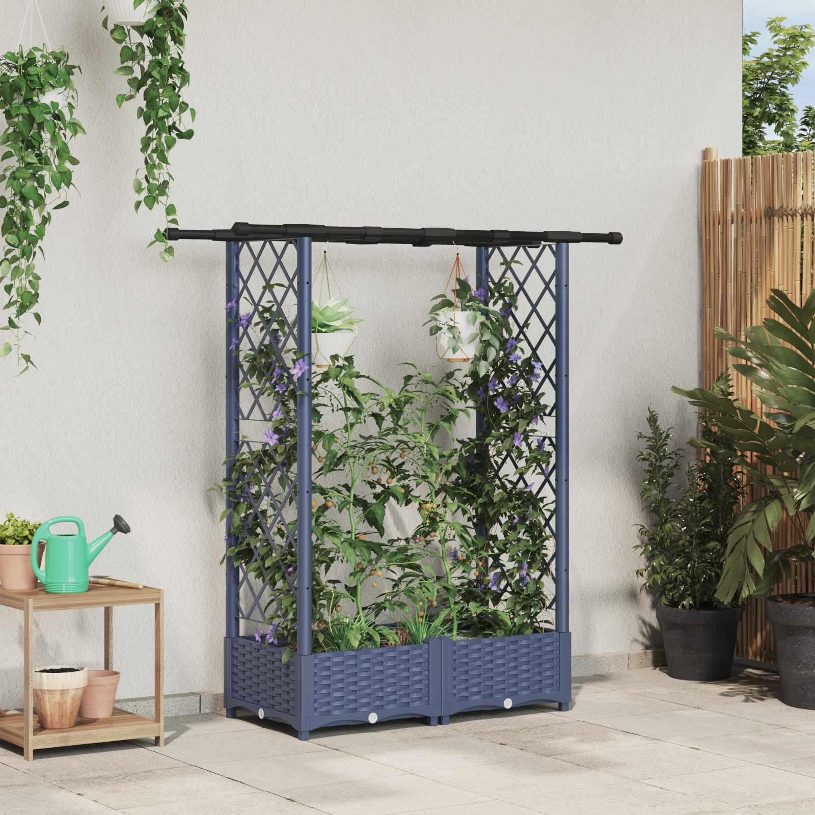 Hævet bed med trellis og tag - grå PP, 122,5 × 40 × 121 cm billede