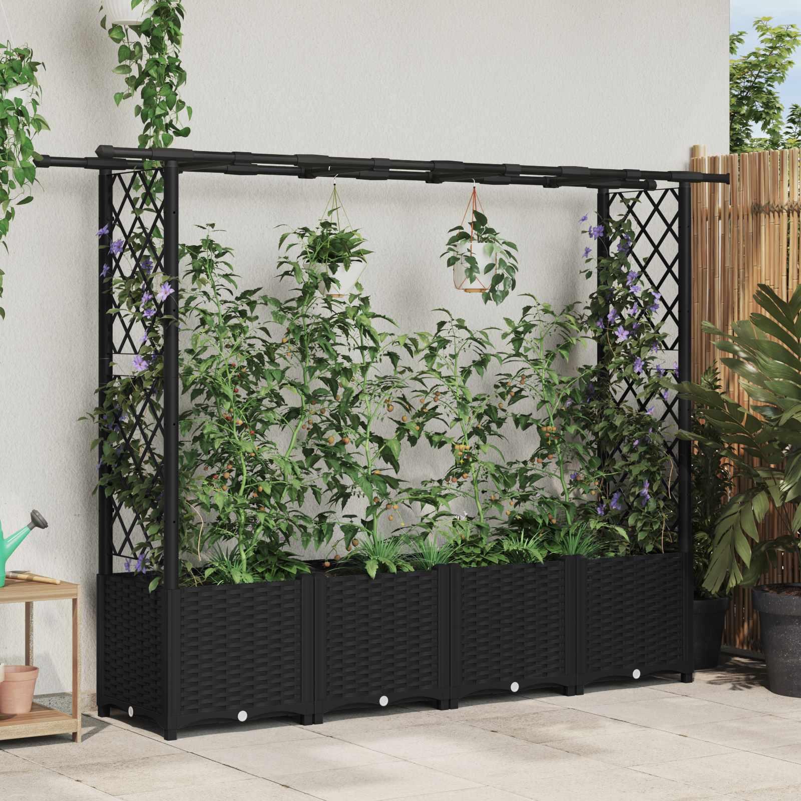Hævet bed med trellis og tag - sort PP, 203 × 40 × 136 cm billede