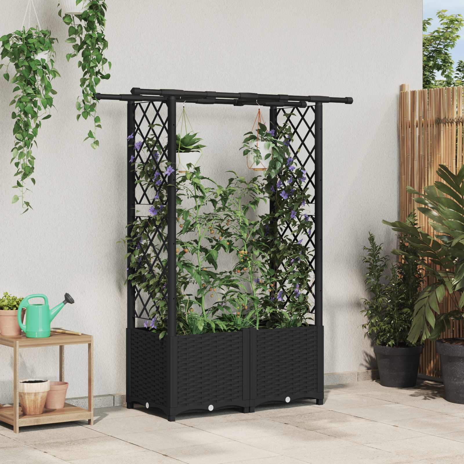 Hævet bed med trellis og tag - sort PP 124,5 × 40 × 136 cm billede