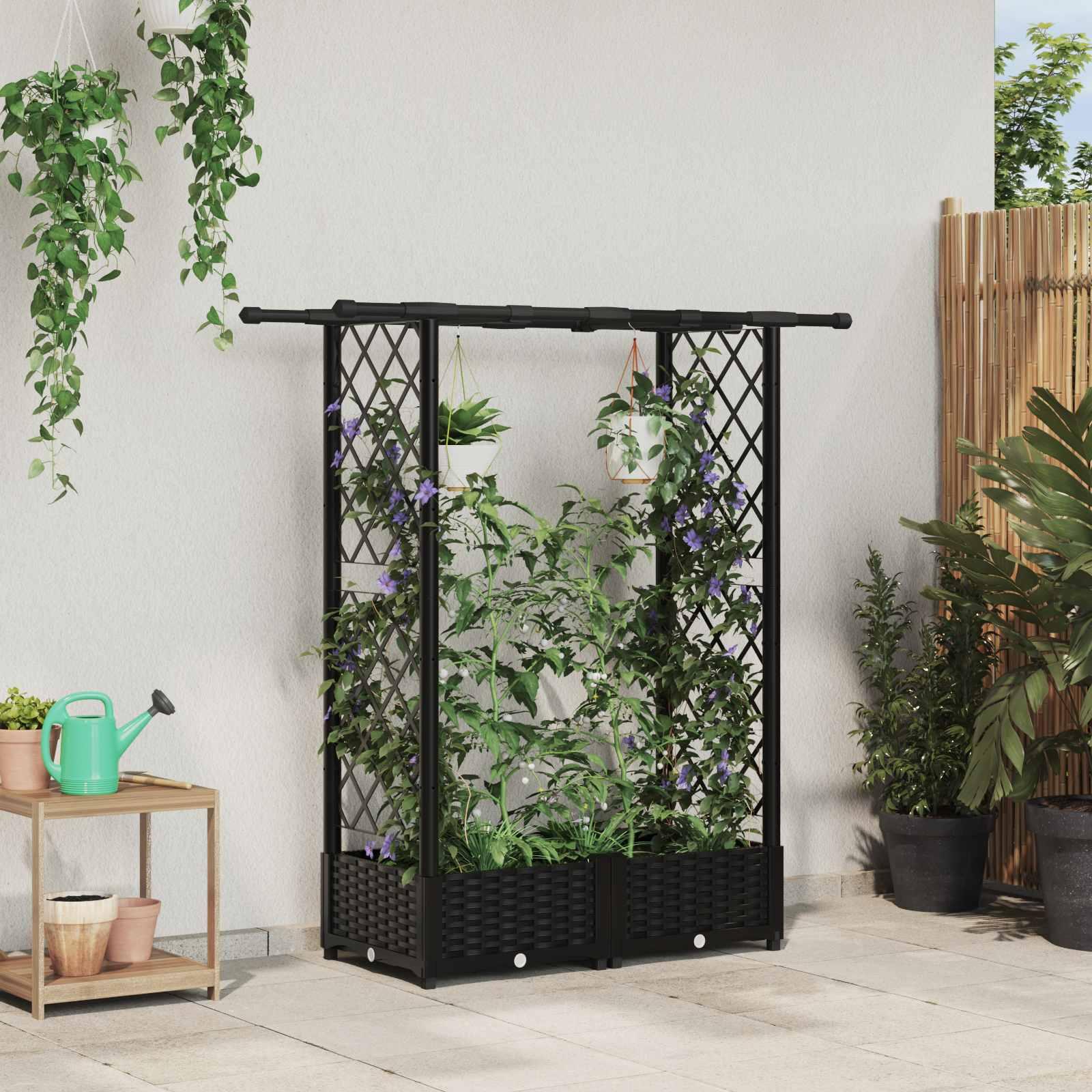 Hævet bed med trellis og tag - sort PP 122,5 × 40 × 121 cm billede