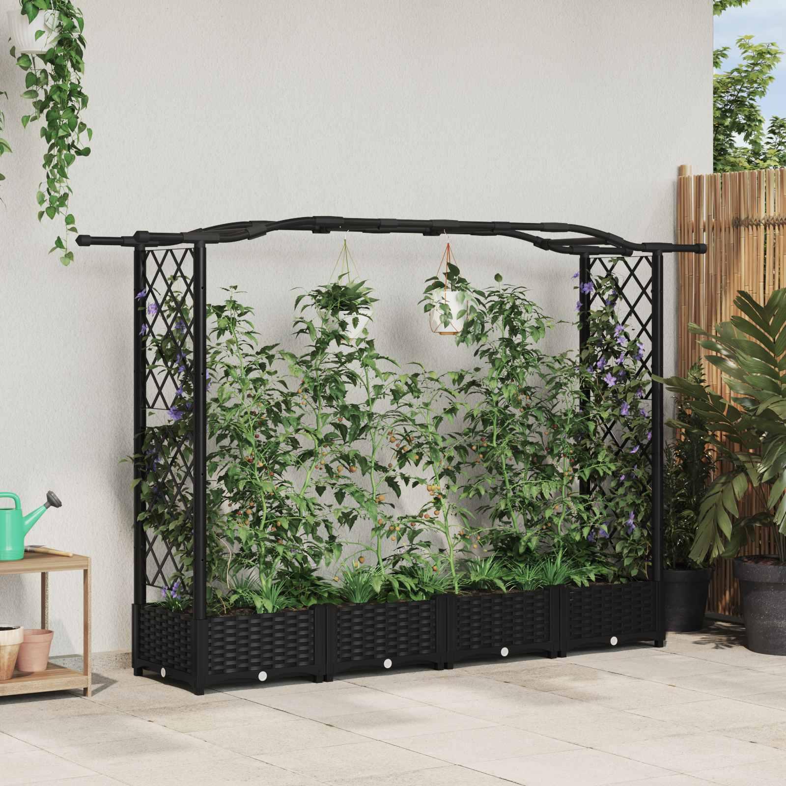 Hævet bed med trellis og tag - sort PP 207 × 40 × 123 cm billede