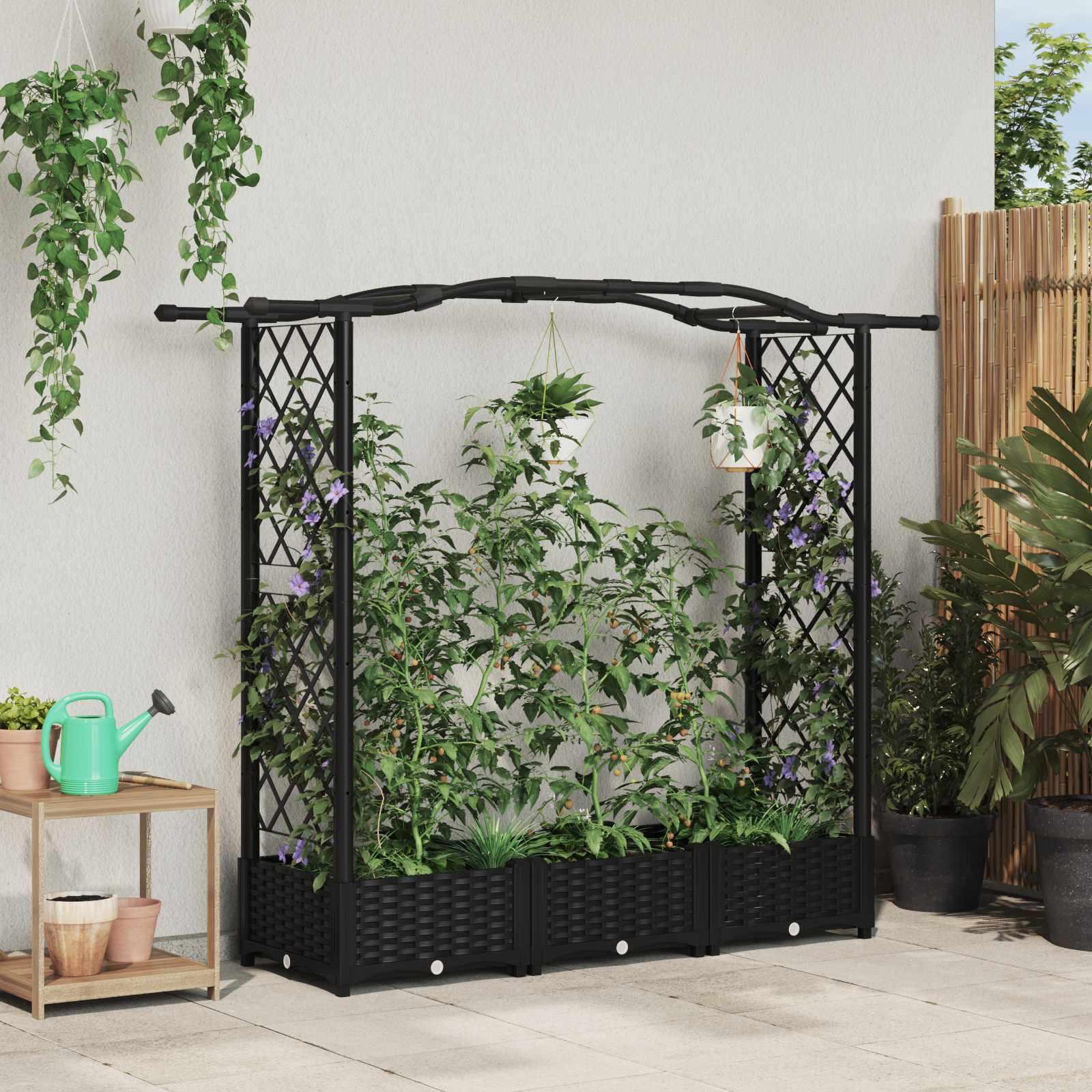 Hævet bed med trellis og buet tag - sort PP 169 × 40 × 123 cm billede