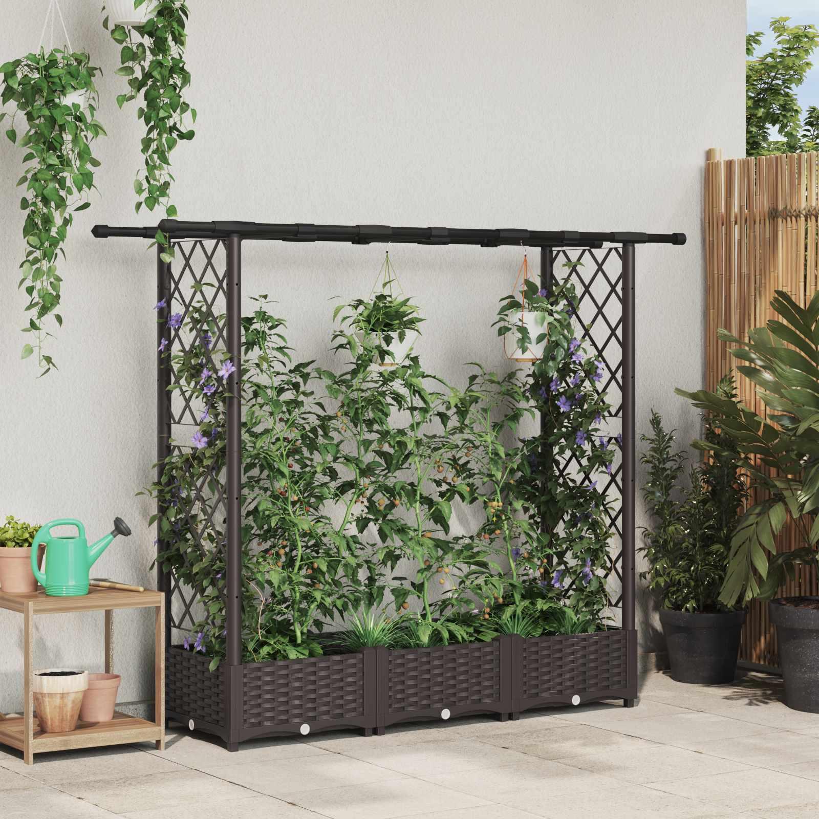 Hævet bed med trellis og tag - brun PP 164 × 40 × 121 cm billede
