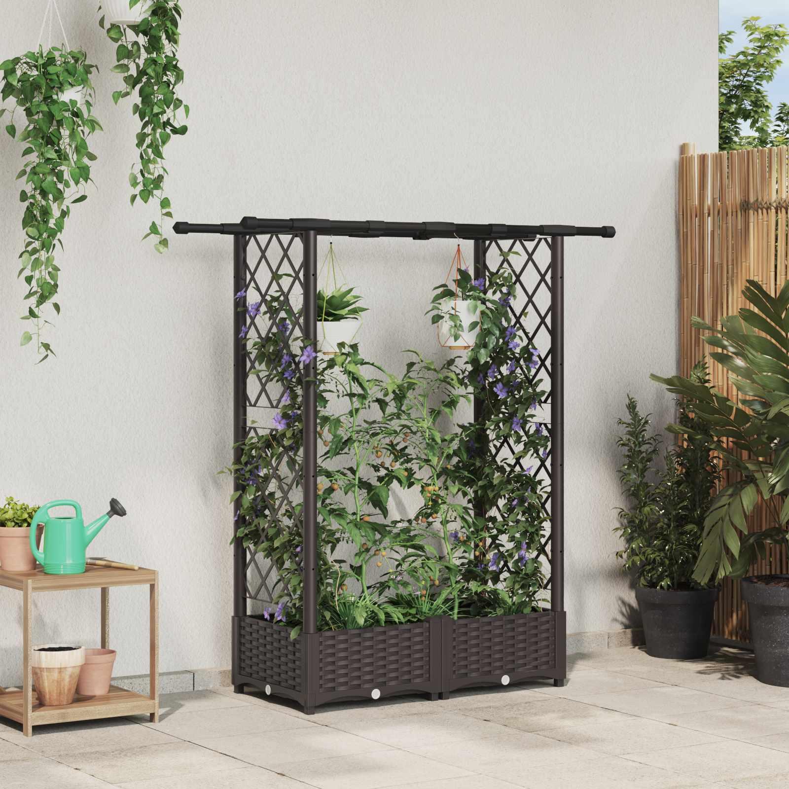 Hævet bed med trellis og tag - brun PP 122,5 × 40 × 121 cm billede