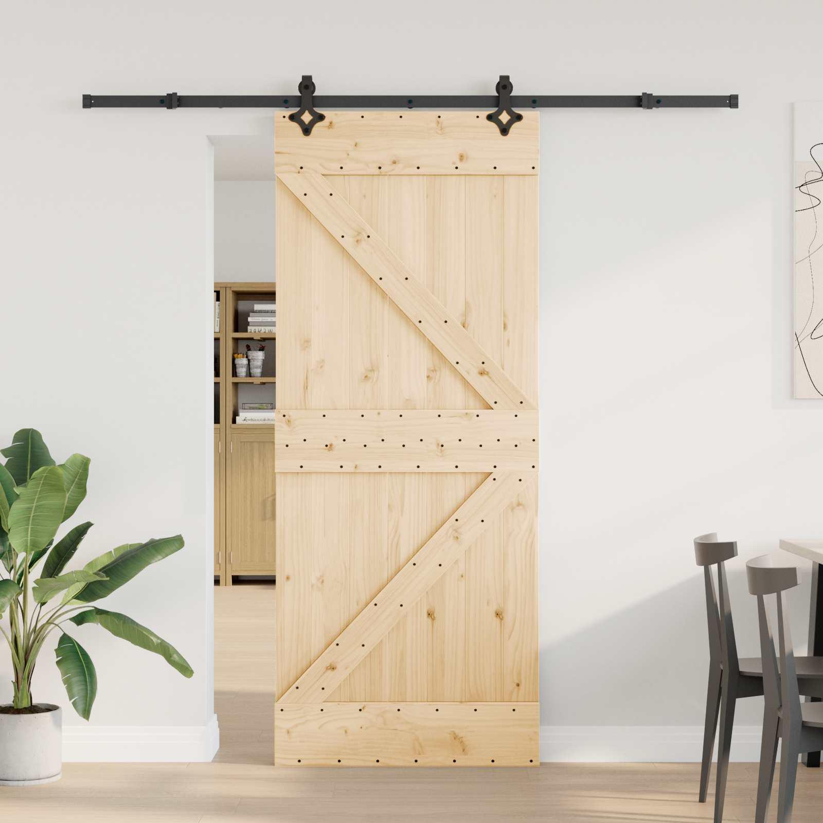 Skydedør NARVIK - naturfarvet fyrretræ med sort skinnesystem 85 × 210 cm (skinne 213,5 cm) billede
