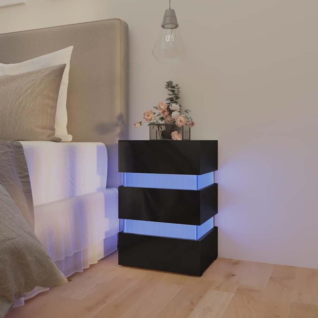 Sengebord med LED-lys - 45×35×67 cm, sort højglans, konstrueret træ billede