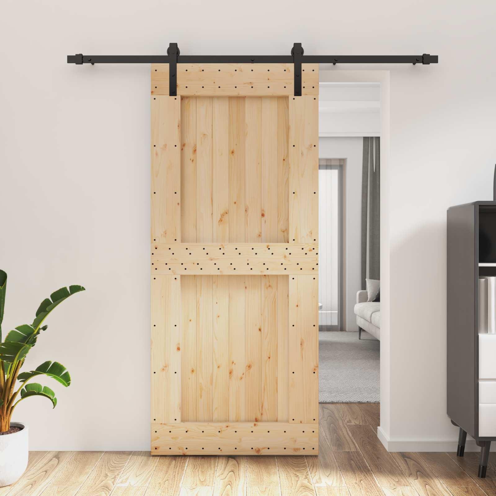 Skydedør i massivt fyrretræ - natur/sort 90 × 210 cm billede