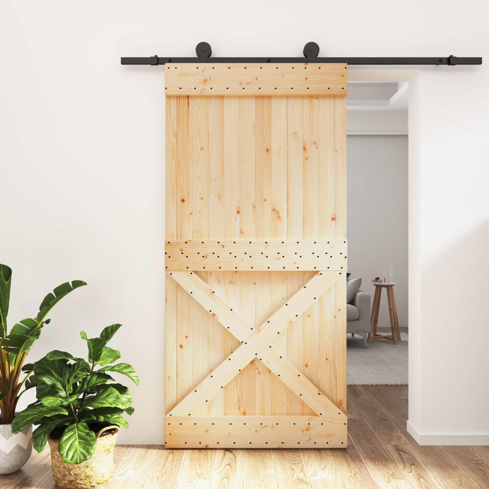 Skydedør i massivt fyrretræ - natur/sort 100 × 210 cm billede
