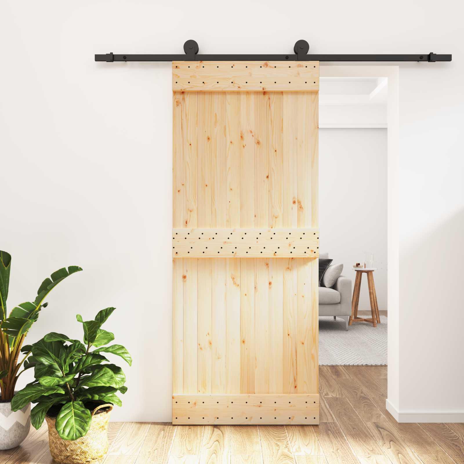Skydedør i massivt fyrretræ - natur/sort 85 × 210 cm billede