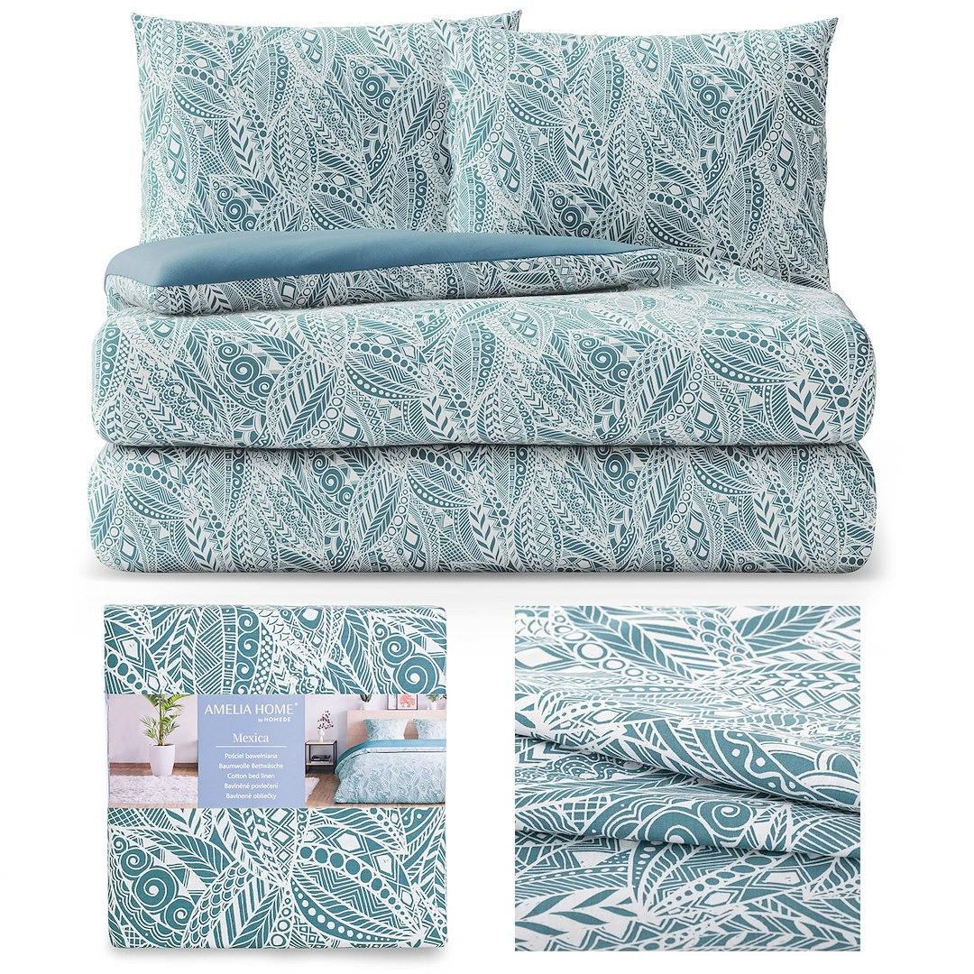 AmeliaHome Averi sengetøj 200x200 + 2x 80x80 - turkis boho-mønster, bomuld renforce billede
