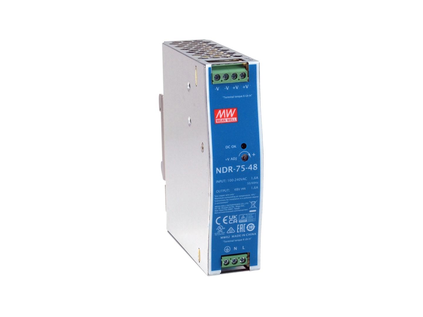 Industriel 48 V DC strømforsyning, 75 W, DIN-skinne, -20 - +70 °C