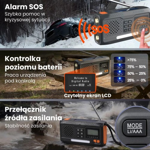 Extralink BT-4000 nødradio med DAB/FM, Bluetooth og sol-/dynamo-powerbank - Sort/Orange