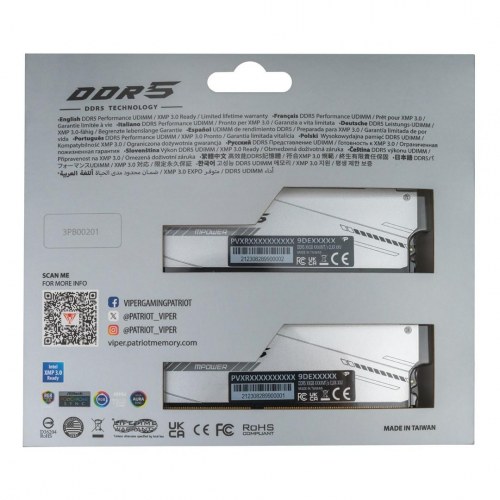 Patriot Viper Xtreme 5 RGB DDR5 RAM 32 GB (2×16 GB) - 8000 MT/s, 288‑pin DIMM, ECC, sølv
