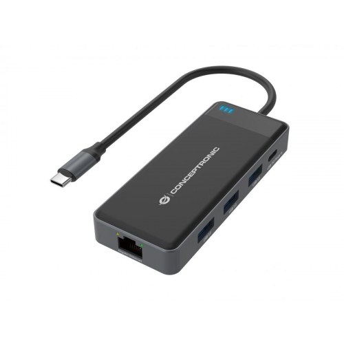 Conceptronic DONN14G USB-C dockingstation - 2× HDMI, 3× USB 3.2, Gigabit LAN, 100 W PD - Grå